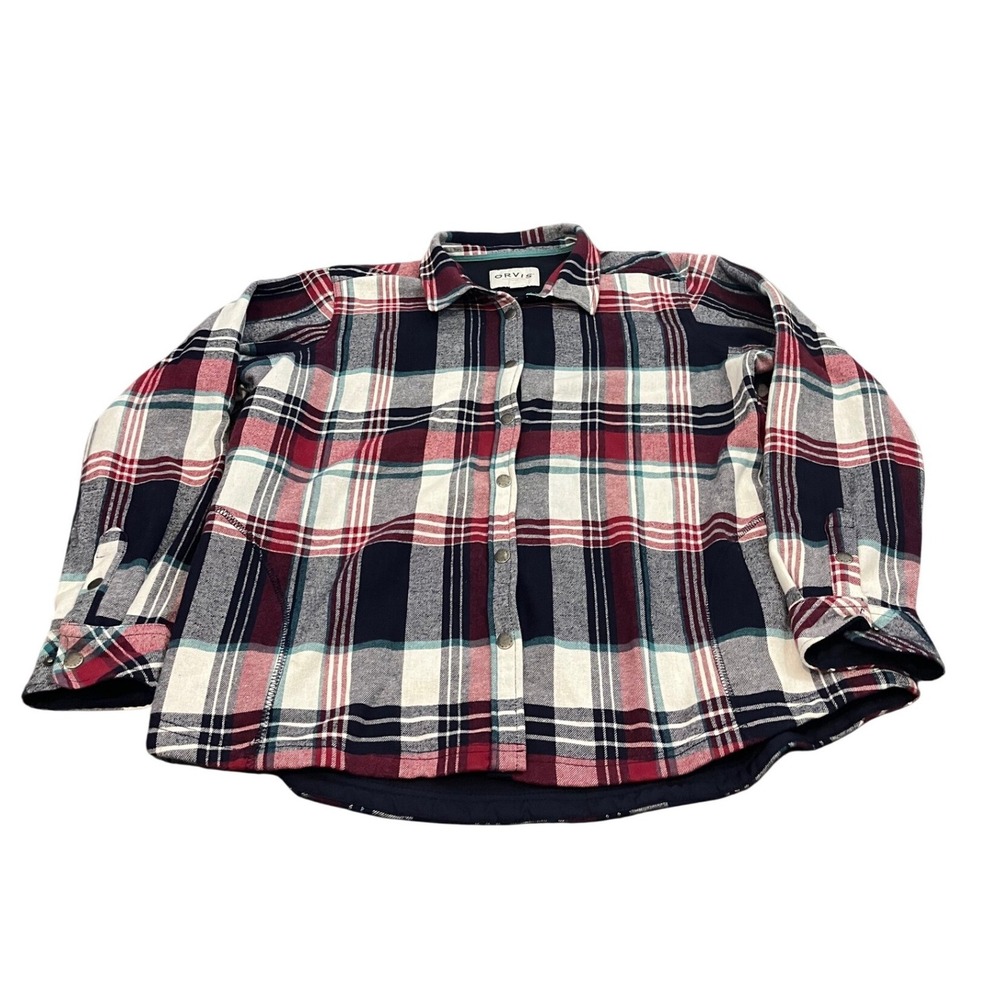 Orvis Flannel Shirt Womens XXL Red Navy Plaid Fleece Lined Snap Front Jacket